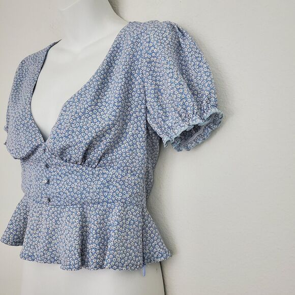 Princess Polly Women's Babydoll Top 4 Blue Floral Jamia Peplum Milkmaid Cottage - Picture 6 of 9